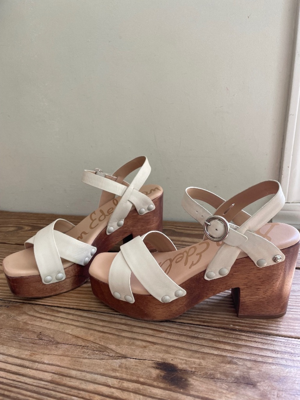 Sam Edelman Josefine Heels Leather Chunky Wood Platform Sandals  8.5
